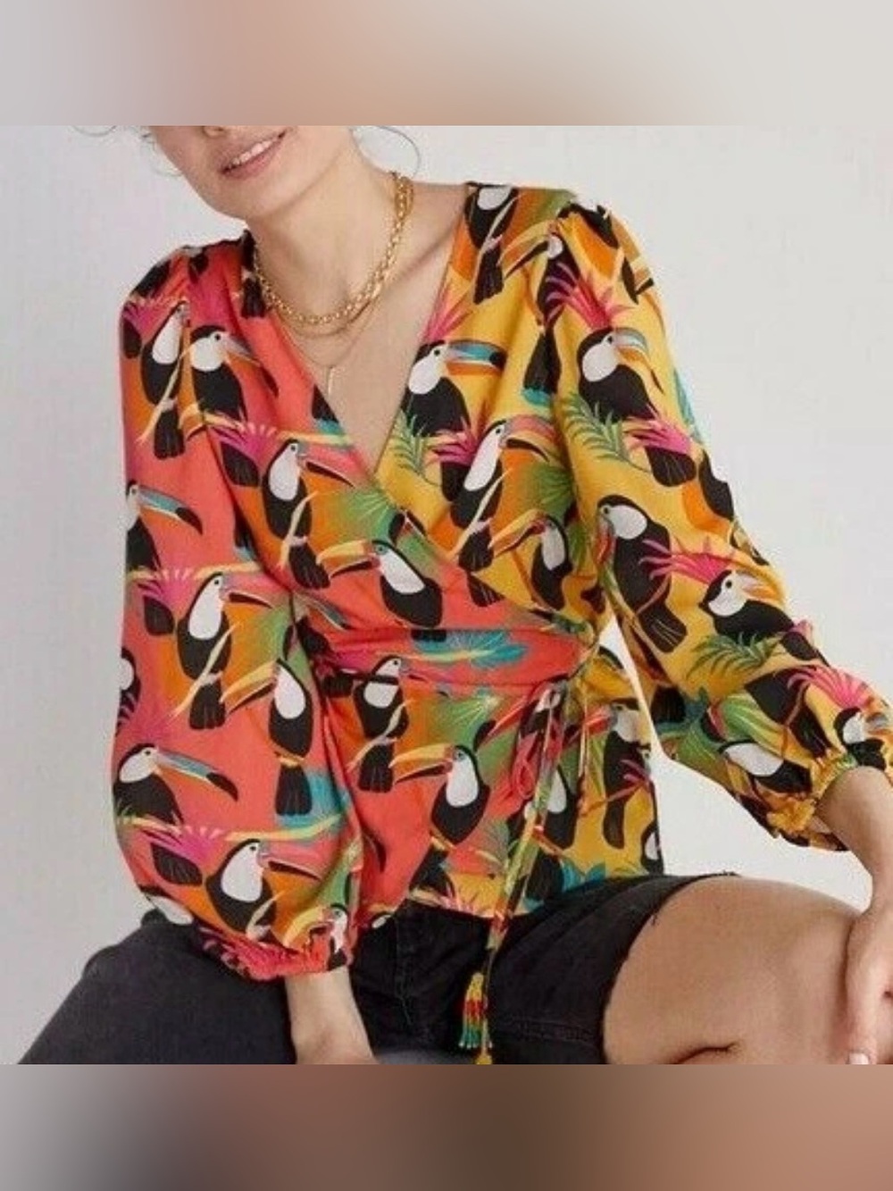 FARM RIO Anthropologie Toucan Bird Rainforest XS Wrap Yellow Black Top